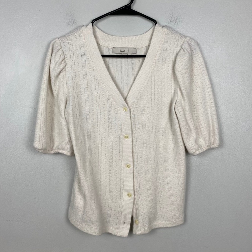LOFT Puff Sleeve Sweater Blouse Button Up Short Sleeve Cream White Cottage XS